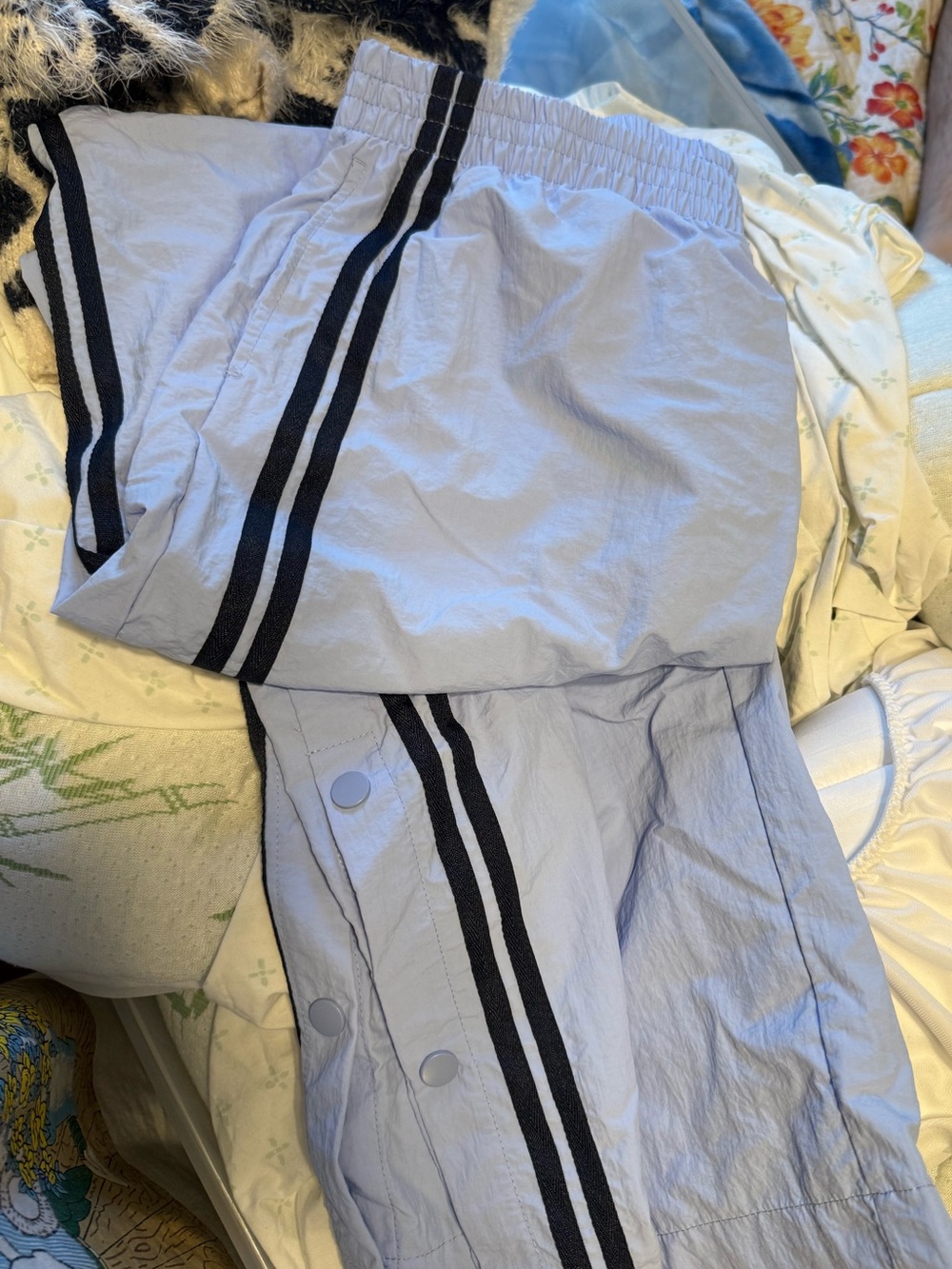 Y2K Style No Boundaries Light Blue Track Pants with Black Stripes